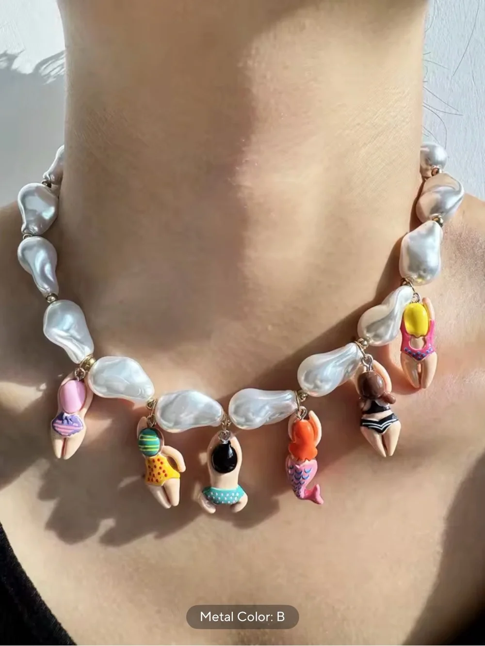 ✨ Baroque Pearl Beads Necklace with Swimmer & Mermaid Charm